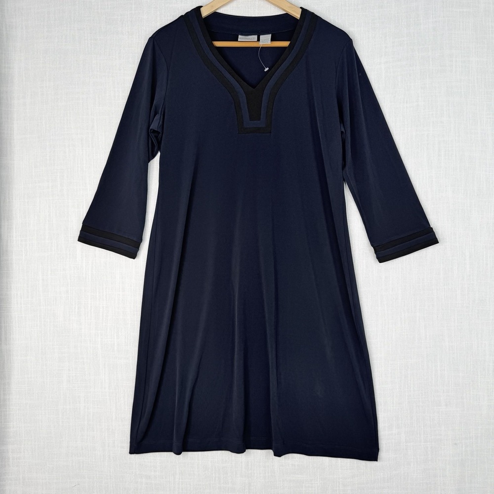 Chico's Navy Blue Tunic Dress 3/4 Sleeve Black Trim Split V-Neck Sz 2 NWOT